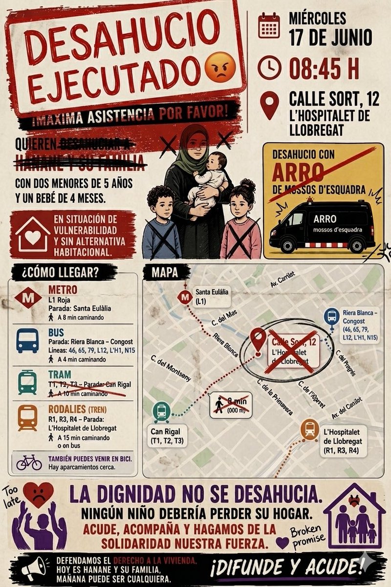 videsfront's tweet photo. Finalmente, y a pesar de la movilización y la evidente situación de vulnerabilidad, el desahucio de Hanane y su familia se ha ejecutado hoy en L'Hospitalet. Dejan en la calle a una madre con dos menores de 5 años y un bebè de 4 meses.😡 https://t.co/35GG9rYe2s