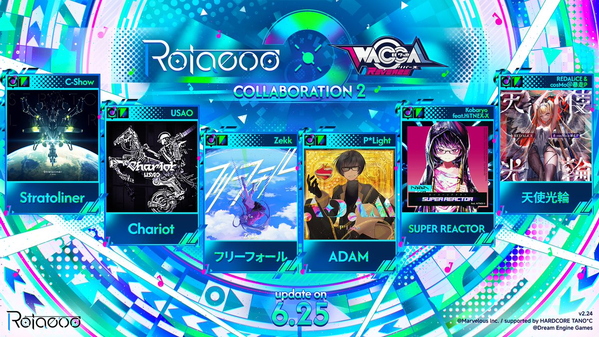 rotaenojp's tweet photo. 【ソングパック「WACCAコラボ II」が6月25日よりRotaenoに登場！】

▼収録楽曲一覧
♪ Stratoliner by: C-Show
♪ Chariot by: USAO
♪ フリーフォール by: Zekk
♪ ADAM by: P*Light
♪ SUPER REACTOR by: Kobaryo feat.HiTNEX-X
♪ 天使光輪 by: REDALiCE & cosMo＠暴走P

- 本ソングパックの通常価格は600ステラジェムズですが、V2.24実装期間中は500ステラジェムズで提供されます。