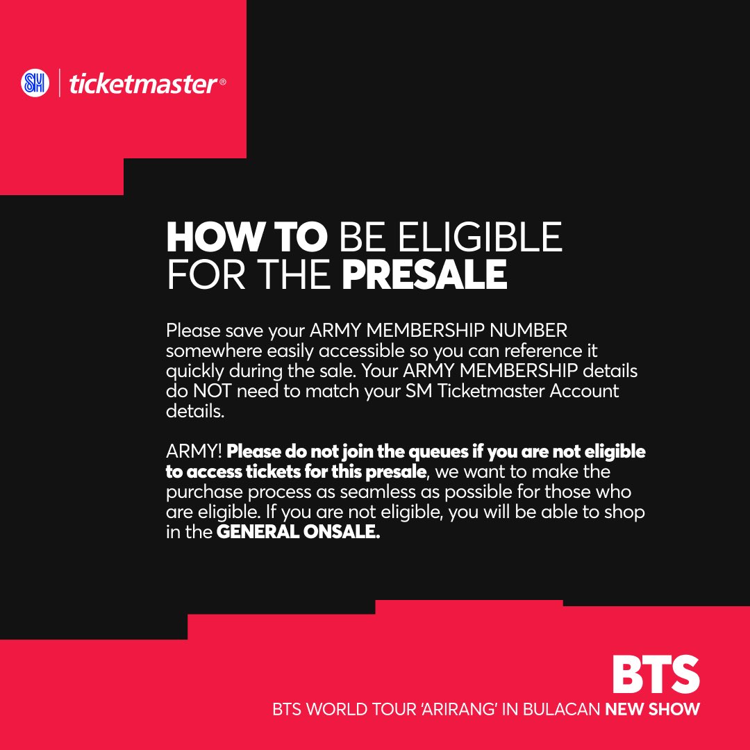 sjyaanj's tweet photo. updated FAQs regarding army membership presale:

1. pwede pa ba gamitin yung code kung nakasecure na ng day 1 and/or day 2?

— YES. smtmph declared na two (2) tickets PER TMPH ACCOUNT, PER CODE, PER TICKET SELLING DATE, PER CONCERT SHOW.

(ex: nakasecure na 2 tix for day 1, you can still secure 2 tickets for day 2 and/or 2 using the same membership code

‼️ NEW 
2. can i rent, lend, or sell my code to others kasi nakasecure na ako last presale

— this is kind of UNSAFE and tickets might be marked as flagged, but, if you will secure the tickets under the same TMPH acc you used last presale for the same code, pwede yun and mas safe!

3. pwede ba same code, diff tmph acc, 1 tix each?

— NO po, 1:1 po to be safe. 1 tmph for 1 membership code

ps: these are based po sa mga naintindihan ko regarding their terms and conditions + nakikita sa experiences ng ibang army + based from what i know and remember. kindly correct me if i’m wrong po!