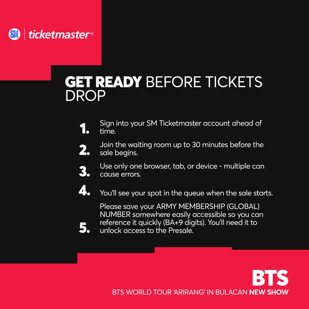 sjyaanj's tweet photo. updated FAQs regarding army membership presale:

1. pwede pa ba gamitin yung code kung nakasecure na ng day 1 and/or day 2?

— YES. smtmph declared na two (2) tickets PER TMPH ACCOUNT, PER CODE, PER TICKET SELLING DATE, PER CONCERT SHOW.

(ex: nakasecure na 2 tix for day 1, you can still secure 2 tickets for day 2 and/or 2 using the same membership code

‼️ NEW 
2. can i rent, lend, or sell my code to others kasi nakasecure na ako last presale

— this is kind of UNSAFE and tickets might be marked as flagged, but, if you will secure the tickets under the same TMPH acc you used last presale for the same code, pwede yun and mas safe!

3. pwede ba same code, diff tmph acc, 1 tix each?

— NO po, 1:1 po to be safe. 1 tmph for 1 membership code

ps: these are based po sa mga naintindihan ko regarding their terms and conditions + nakikita sa experiences ng ibang army + based from what i know and remember. kindly correct me if i’m wrong po!