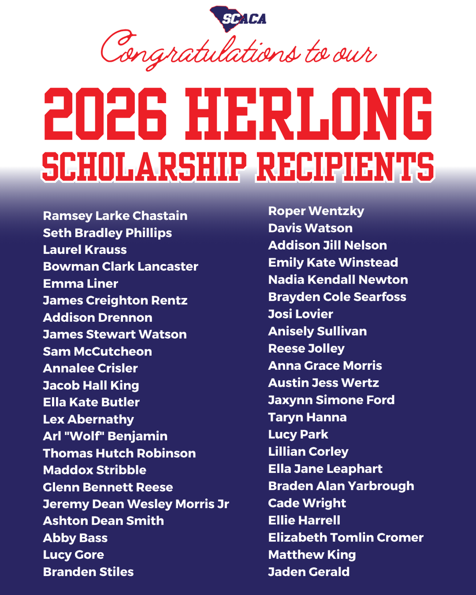 CarolinaCoaches's tweet photo. Congratulations to the 2026 Herlong Scholarship recipients! 🎉

We are proud to celebrate this year's recipients and honor the dedication of the coaching families who have made a lasting impact on athletics across our state. https://t.co/zJMBOUDnxf