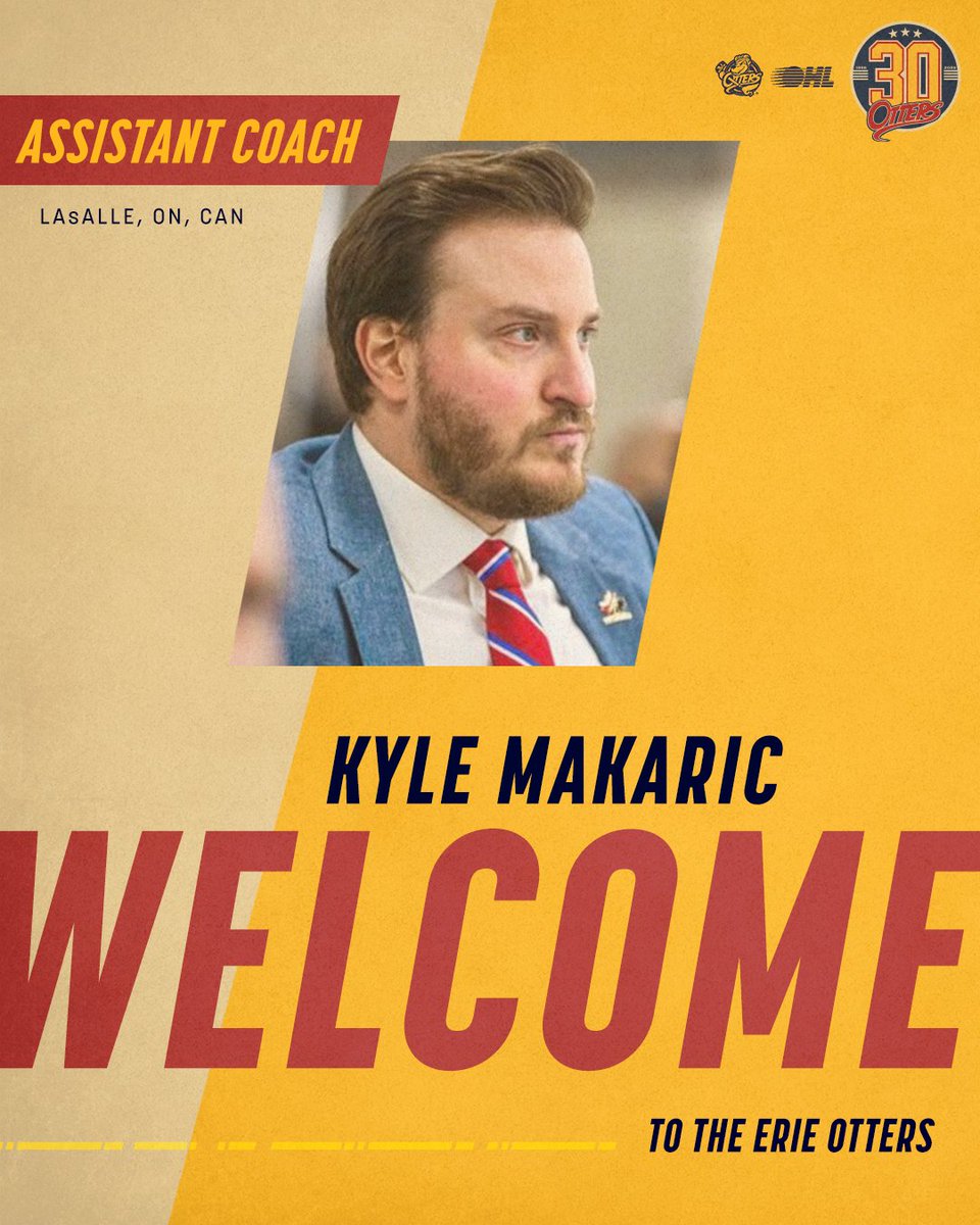 ErieOtters's tweet photo. The Erie Otters are thrilled to welcome Kyle Makaric as our new Assistant Coach! Please join us in welcoming Kyle to Erie! 🦦 

🔗 https://t.co/8URwuMAvM8

#ErieOtters #OttersHockey https://t.co/20Eg5UKhKs