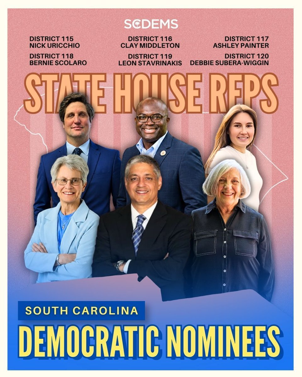 scdp's tweet photo. South Carolina House Districts 115β120! π
Meet our Democratic nominees for the South Carolina State House. Ready to lead, ready to serve, ready to deliver. π
#scdems #scpol #SCHouse https://t.co/IBgSA17Fgx