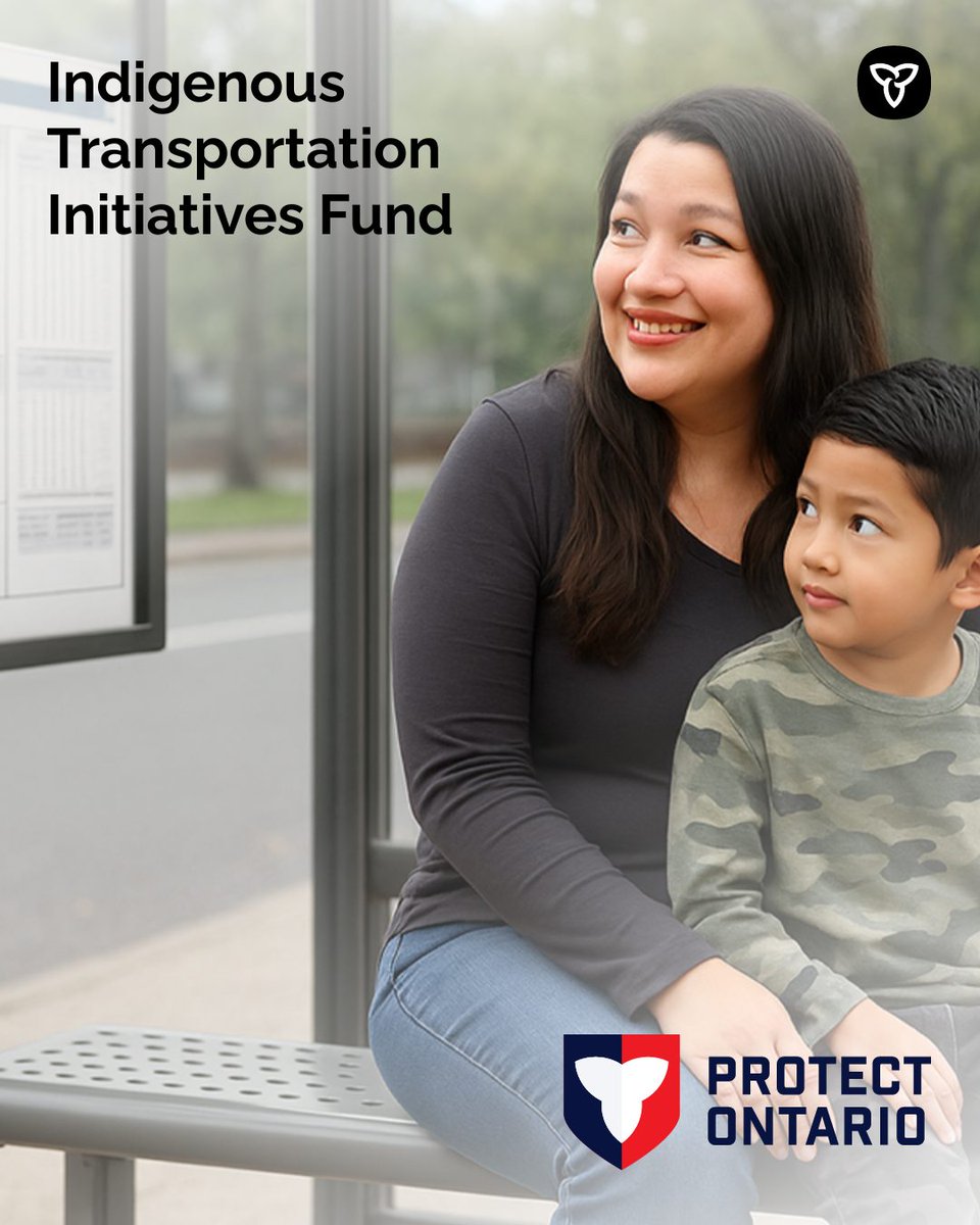 An indigenous woman and her son sitting at a bus stop and smiling away from the camera. With caption "Indigenous Transportation Initiatives Fund" and the Protect Ontario logo appears at the bottom right corner