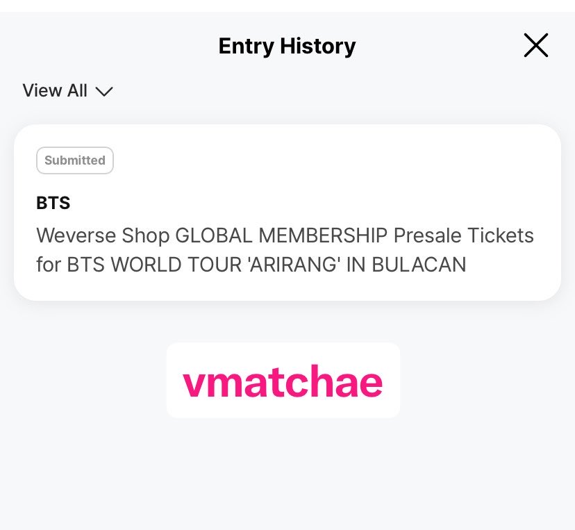 vmatchae's tweet photo. wts / lfb 

!! lending 2 army membership codes with bulacan registration !! (mine &amp; my mom’s)

notes: was able to secure tickets bulacan day 2 ! 

(not going for bulacan day 3; currently eyeing jakarta day 3 hie😸)

- ₱800 per membership code
- PAYO only

#bts #bulacan https://t.co/TqBYCeIacW