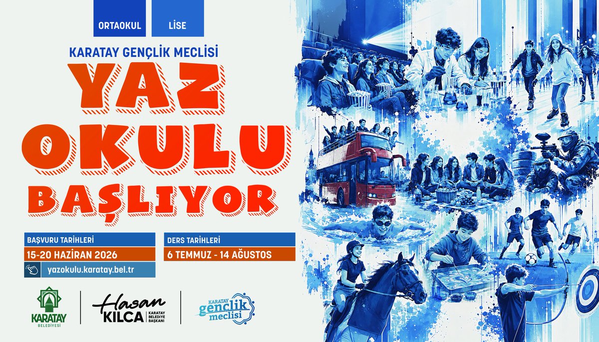 karataygm's tweet photo. Karatay Gençlik Meclisi Yaz Okulu Kayıtları Devam Ediyor!

📚 Ortaokul ve lise öğrencilerine özel eğitim, spor, kültür ve sosyal etkinliklerle dolu bir yaz sizleri bekliyor.

🗓️ Başvuru: 15-20 Haziran
📅 Program: 6 Temmuz - 14 Ağustos

🔗 https://t.co/0BPMbcbJTS https://t.co/t8XDGxsLbl
