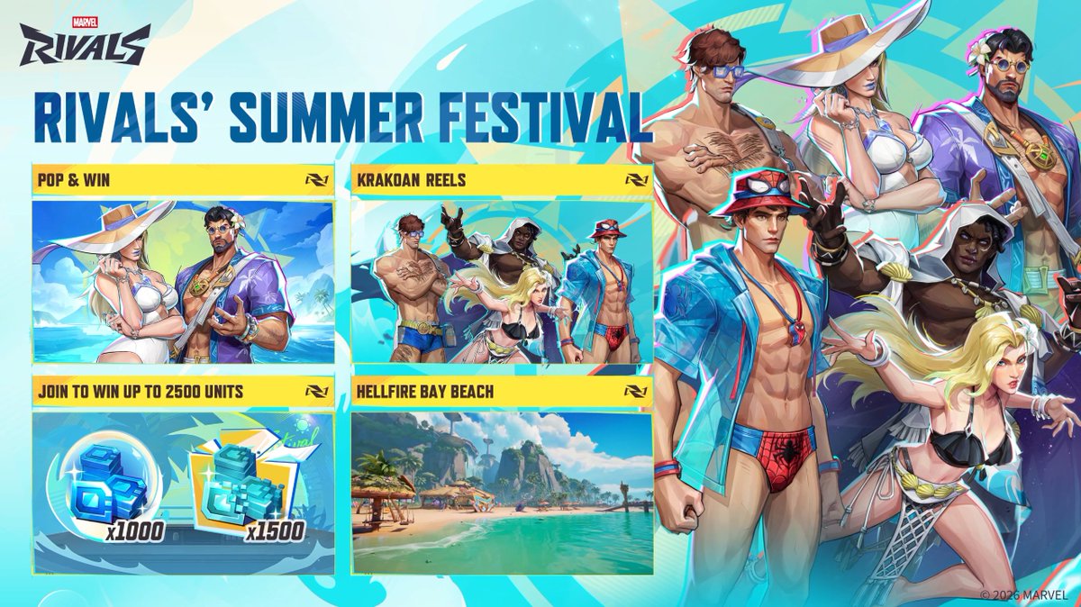 Vodible's tweet photo. 🌴New give away time!#MarvelRivals🌴

To celebrate the new releases I am giving 6 players $25 USD worth of units each! 

How to enter:
✅Follow @Vodible 
✅Like + RT
💬Tag your beach crew and comment which costume you will be rocking in Krakoa!

🏖️Extra entry per platform for those who follow on Insta, Youtube, and tiktok! Winners chosen June 24th!
