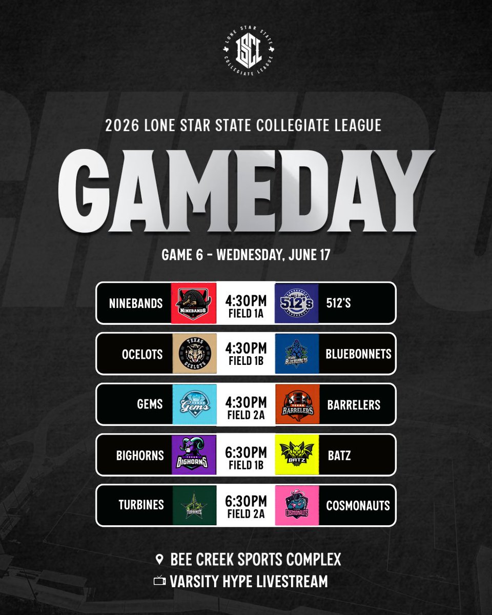 lonestarleague's tweet photo. 🌙 First LSCL night game of the summer 

4:30 PM
• Ninebands vs 512’s
• Ocelots vs Bluebonnets
• Gems vs Barrelers

6:30 PM
• Bighorns vs Batz
• Turbines vs Cosmonauts

📍 Bee Creek Sports Complex
📺 Watch live https://t.co/v12nMe4XLr

#lscl #summersoftball https://t.co/z23BEdilPO