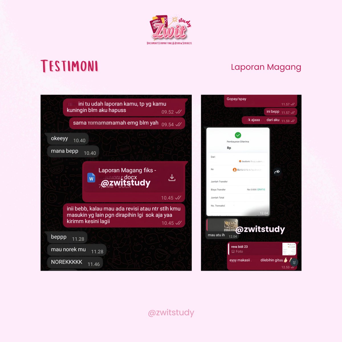 zwitstudy's tweet photo. 🌟Testimoni Zwitstudy | #1-4

Nothing makes us happier than knowing we could help 🤍✨

Terima kasih sudah mempercayakan formatting dokumennya kepada @zwitstudy. Semoga segala urusannya dimudahkan yaa bess🌷 https://t.co/89Sf0dIjvE