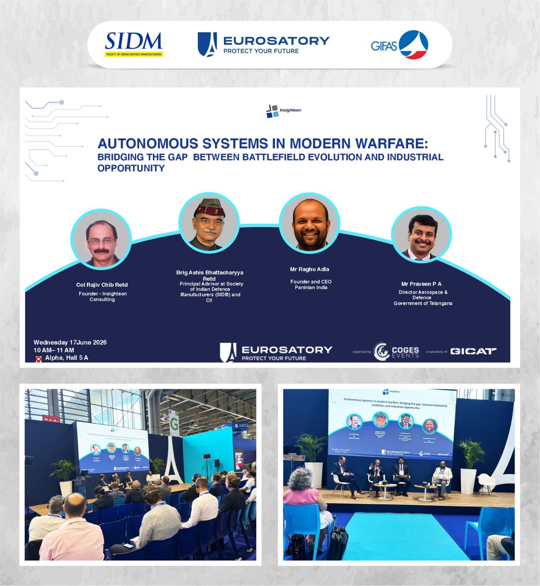 SIDMIndia's tweet photo. SIDM at Eurosatory 2026: Real Bottleneck in Autonomous Warfare Isn’t the Factory—It’s the Philosophy
At #Eurosatory2026, at a panel discussion organised by Col Rajiv Chib from Insighteon, SIDM shifted the global defense conversation. Panelists addressed the session "Autonomous systems in modern warfare: bridging the gap between battlefield evolution and industrial opportunity." Brig Ashis Bhattacharyya (Principal Adviser, SIDM/CII)  highlighted that the true hurdles facing modern militaries are not supply chain chokepoints, but are fundamentally structural and intellectual.
Highlighting the SIDM's Framework on Why Military Doctrine Dictates Industrial Success, the organization emphasized need for a forward-looking doctrine that would act as a vital master blueprint would bridge the operational user with the industrial base. SIDM argued that an agile doctrinal framework must cater to both ends of the ecosystem simultaneously:
•For the Military: It establishes the new methods of engagement, dictating how forces organize, train, command, and integrate diverse autonomous swarms seamlessly into traditional combat formations.
•For the Industry: It provides a predictable operational roadmap. It determines how the state will procure these systems—shifting from expensive, exquisite platforms to "good enough," mass-produced, attritable systems. Crucially, it signals a clear demand path so the private sector can confidently invest in R&D to stay ahead of the innovation curve while sustaining lean peacetime demands.
The core takeaway – more than an arsenal of autonomous systems, nations need a unified doctrine that acts as a beacon not only for the military, but more importantly for the industry to deliver at scale and innovate.
Speaking on opportunities for FOEMs, SIDM opined that India is moving from buying closed "black boxes" to looking for international partners to co-develop critical "building blocks"—such as advanced propulsion, specialized sensor payloads, and EW-resilient data links in the spirit of Aatmanirbhar Bharat.     

Brig Ashis Bhattacharyya also highlighted the "death of the safe rear area" and the shift toward massed attritable systems in furture.
The panel also featured valuable ecosystem insights from Mr. Praveen PA (Director, Aerospace & Defence, Government of Telangana), who highlighted TAatmanirbharobust aerospace hub infrastructure, and Raghavendra Adla (CEO, Panisian India), who shared the agility of deep-tech startups driving edge AI.

#SIDM #MilitaryDoctrine #DefenseStrategy #Eurosatory2026 #AutonomousSystems #StrategicAutonomy #CII
