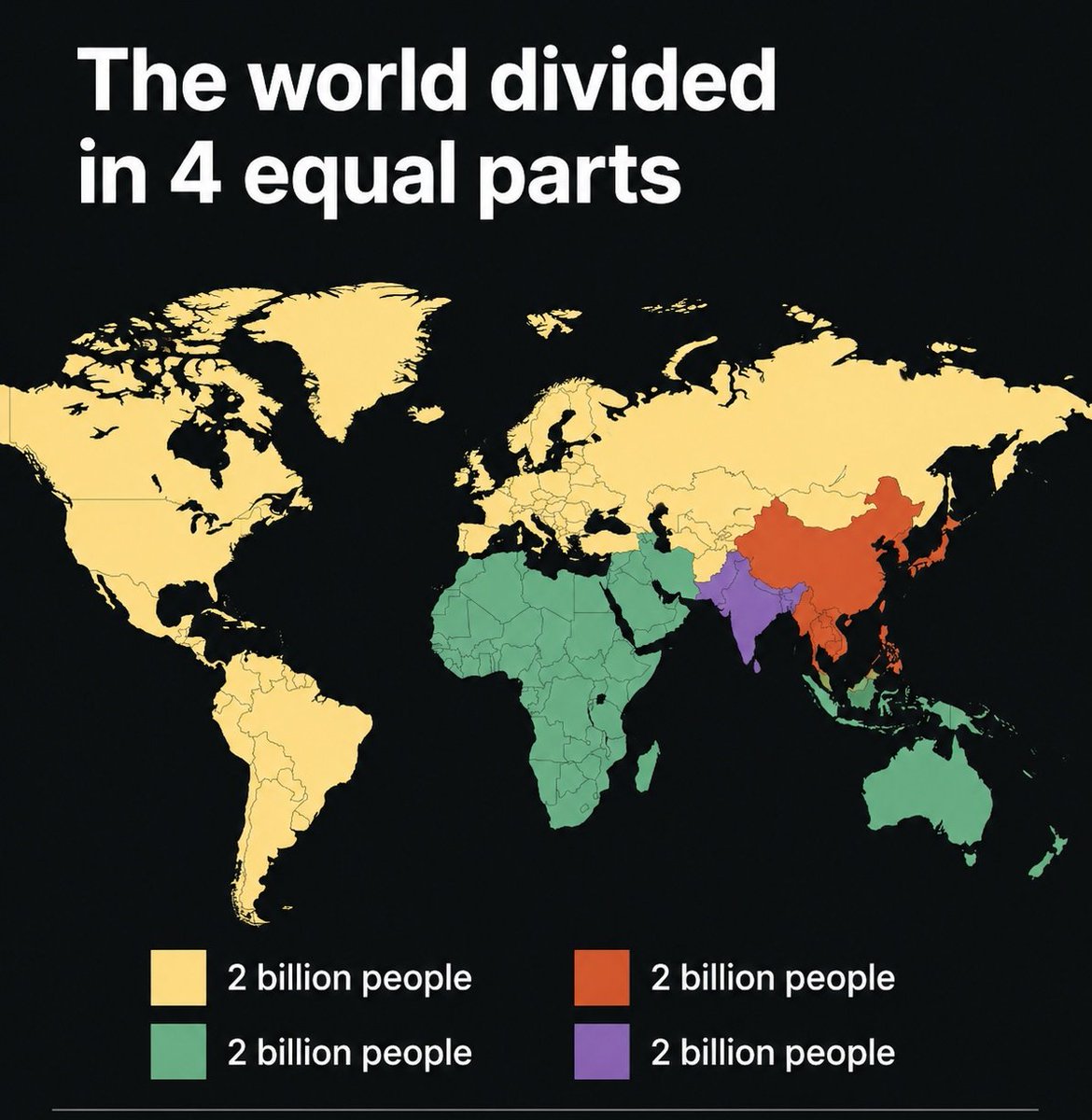 TheDataHubX's tweet photo. The World divided in 4 equal parts https://t.co/PsiC2H5tR8