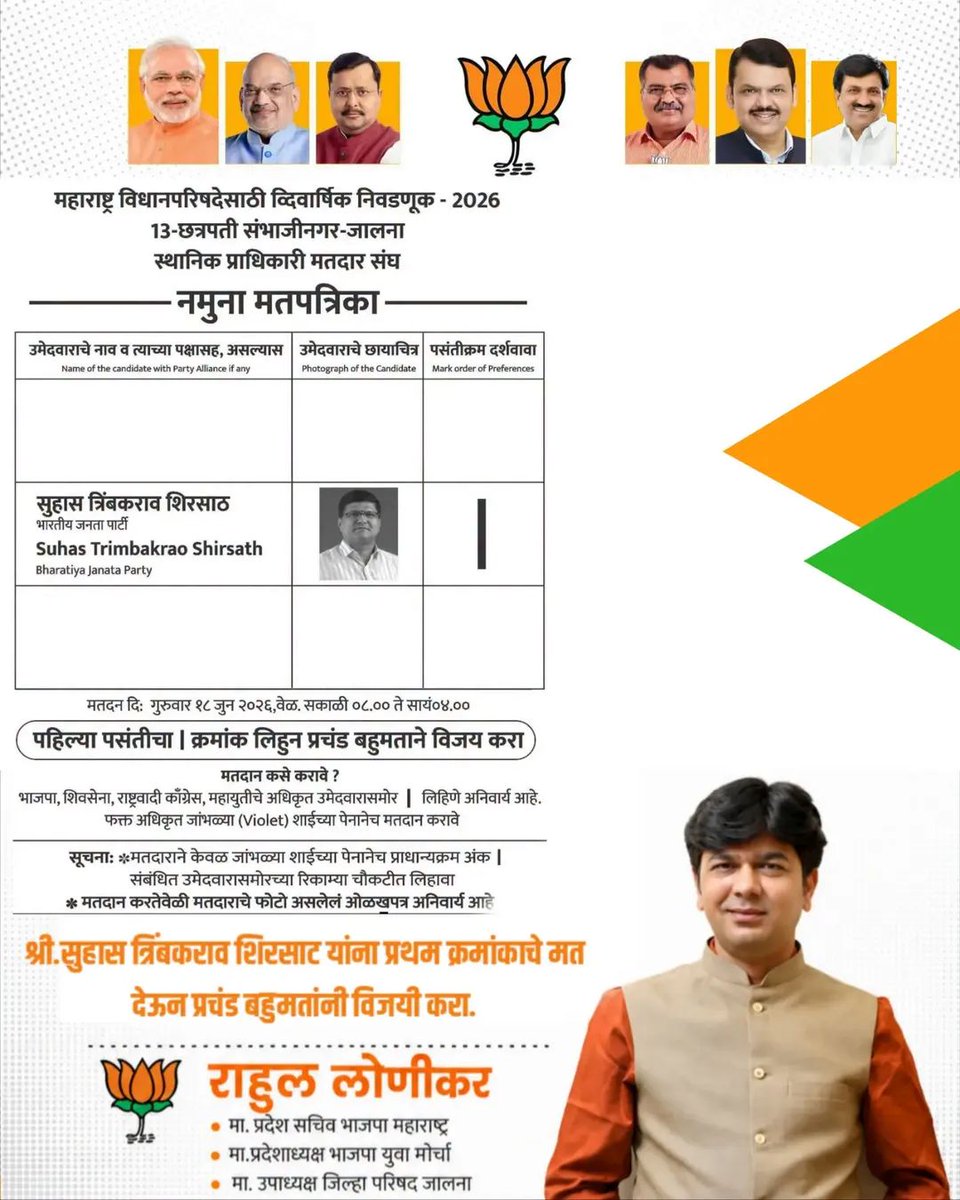 lonikar_rahul's tweet photo. "विकास, विश्वास आणि जनहितासाठी — आपले पहिले पसंतीचे मत महायुतीला!"
छत्रपती संभाजीनगर-जालना स्थानिक स्वराज्य संस्था मतदारसंघ विधान परिषद निवडणूक २०२६
महायुतीचे अधिकृत उमेदवार मा. श्री. सुहास त्रिंबकराव शिरसाट यांना प्रथम पसंतीचे मत देऊन प्रचंड बहुमताने विजयी करा..२/१ https://t.co/6P98KiivGe