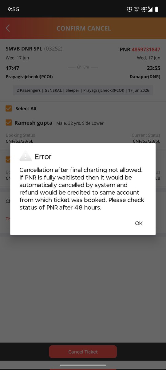 vikash_kumar__'s tweet photo. Hi @RailwaySeva 
@RailMinIndia  @IRCTCofficial
Train delayed by 15+ hours. My work was scheduled for today not tomorrow. Now the ticket cannot be cancelled either.
Why are passengers forced to suffer for delays beyond their control? Need a fair refund policy and immediate action https://t.co/sqefogROaD