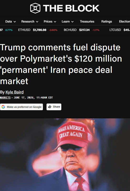 CryptoBizzle's tweet photo. Another major Polymarket dispute happening right now.

This one is a little more ambiguous than the Saylor selling bitcoin resolution from earlier this month, in my opinion.

Both Trump and Iran announced there would be an MoU peace deal on June 15, the deadline date for one of Polymarket's "US x Iran permanent peace deal by" market. 

This pushed the market for the June 15 deadline to resolve as "Yes," but traders are disputing the call, saying an MoU isn't permanent and that there are issues like nuclear access and sanctions that could muck up the deal.

Trump is now saying this morning that the US could go back to dropping bombs on Iran if it doesn't behave.

There are still 9 hours for the UMA vote to conclude, but over 99% of voting power has already voted to keep it resolved as "Yes," so it's essentially a done deal.

Read more 👇