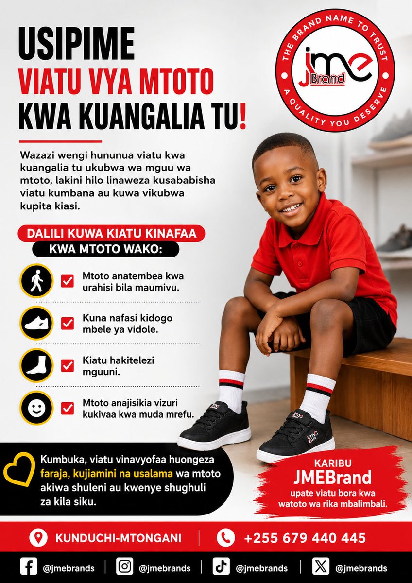 jmebrands's tweet photo. Unahitaji kununua Viatu vya Shule vya Mtoto wako? Basi usipime kwa Macho unapohitaji kununua Viatu vya Shule vya Mtoto wako Ili kuepuka Kumbana, Kumpwaya, kumuumiza kwa kumsababishia Usugu nk.
Karibu JMEBRAND tukuhudumie Viatu vizuri na imara vya Shule vya Mtoto wako. #jmebrands https://t.co/XVMcGa9uoh