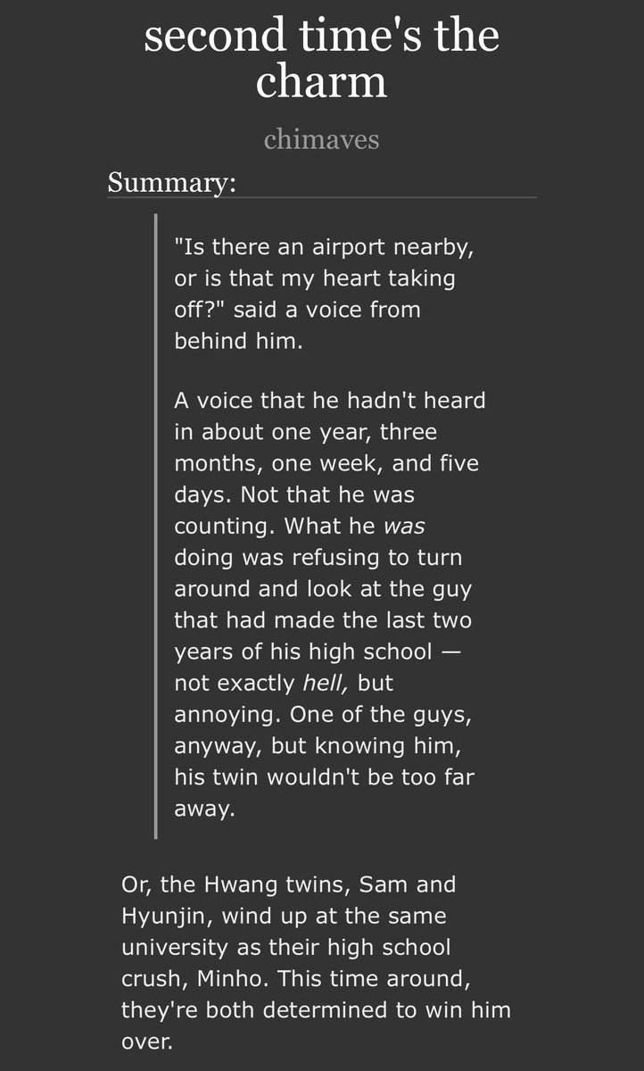 chimaves's tweet photo. skz writers post your four fav fics that you’ve written !!

i’m including second time’s the charm here bcs i already know that fic is going to be one of my favs once it’s done🙂‍↕️ https://t.co/ThEALuMB4e