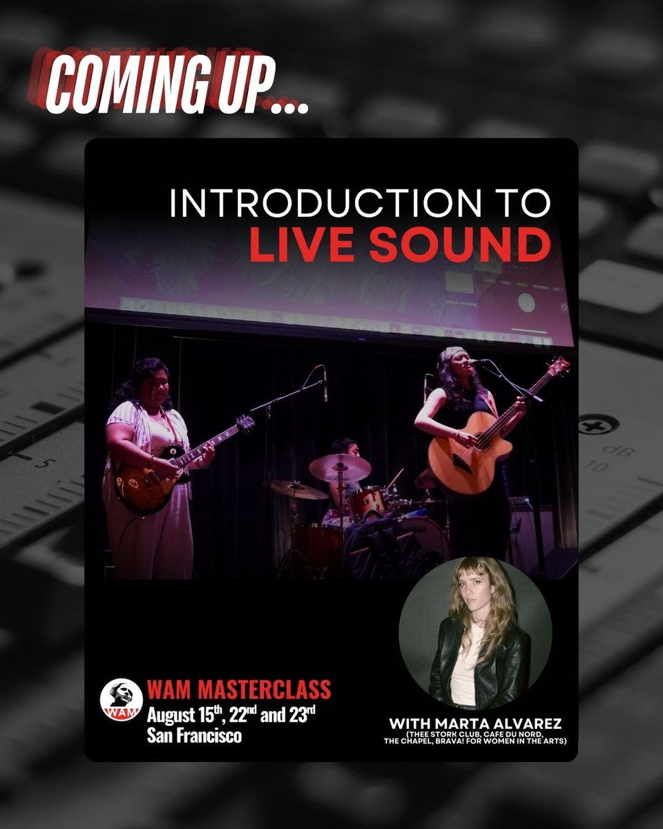 womensaudio's tweet photo. What's happening at WAM ✨
✨ June 18: WAM's Local Sirens Concert Series kicks off at Third Thursdays on Treat (6–8:30 PM) 
🎚️ July 25: Pro Tools Certification begins in SF + online
🎛️ Aug. 15, 22 &amp; 23: NEW Intro to Live Sound workshop 
 https://t.co/Mids1vL610 https://t.co/4floPOynkV