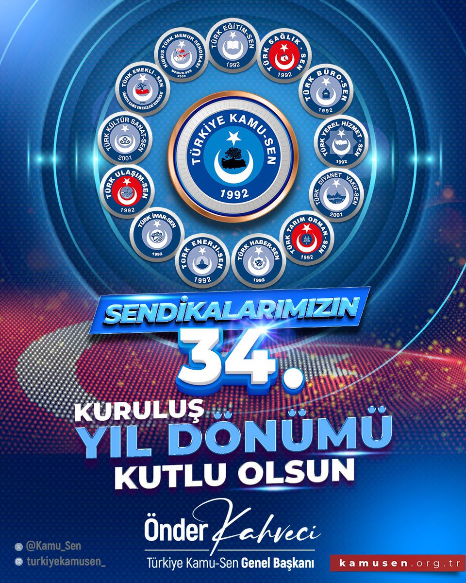 OnderKahveci's tweet photo. TÜRK MEMURUNUN GÜVENCESİ SENDİKALARIMIZ 34 YAŞINDA 🇹🇷

Hak, emek ve adalet mücadelemizin 34. yılında; Türkiye Kamu-Sen çatısı altında büyük bir özveriyle görev yapan sendikalarımızın kuruluş yıl dönümünü gurur ve heyecanla kutluyoruz.

“İlkemiz Önce Ülkemiz” anlayışıyla çıktığımız bu yolda; kamu çalışanlarımızın haklarını savunmaya, emeğin karşılığını korumaya ve çalışma hayatına katkı sunmaya kararlılıkla devam ediyoruz.

Bu büyük mücadelede emeği bulunan geçmişten bugüne tüm yöneticilerimize, teşkilat mensuplarımıza, temsilcilerimize ve üyelerimize gönülden teşekkür ediyor; aramızdan ayrılan dava arkadaşlarımızı rahmet ve minnetle anıyorum.

Geçmişten aldığımız güç, milletimizden aldığımız destekle; Türkiye Kamu-Sen’i daha güçlü yarınlara taşımayı sürdüreceğiz.