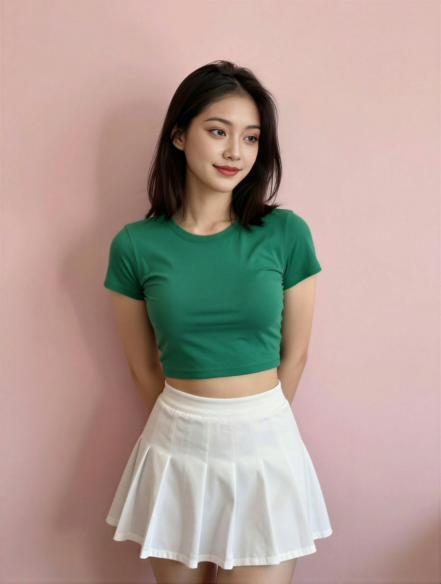 NormieGirls's tweet photo. Portrait of a young woman in a green crop top and white skirt, smiling softly against a pastel pink backdrop. https://t.co/8sn9VCj8dx
