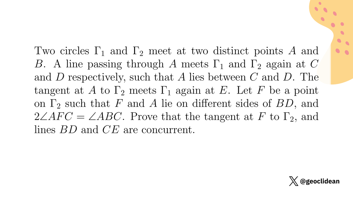 geoclidean's tweet photo. two circles intersecting, prove that three lines are concurrent
#Geometry #IGO #Concurrent https://t.co/whRYFHnUdz