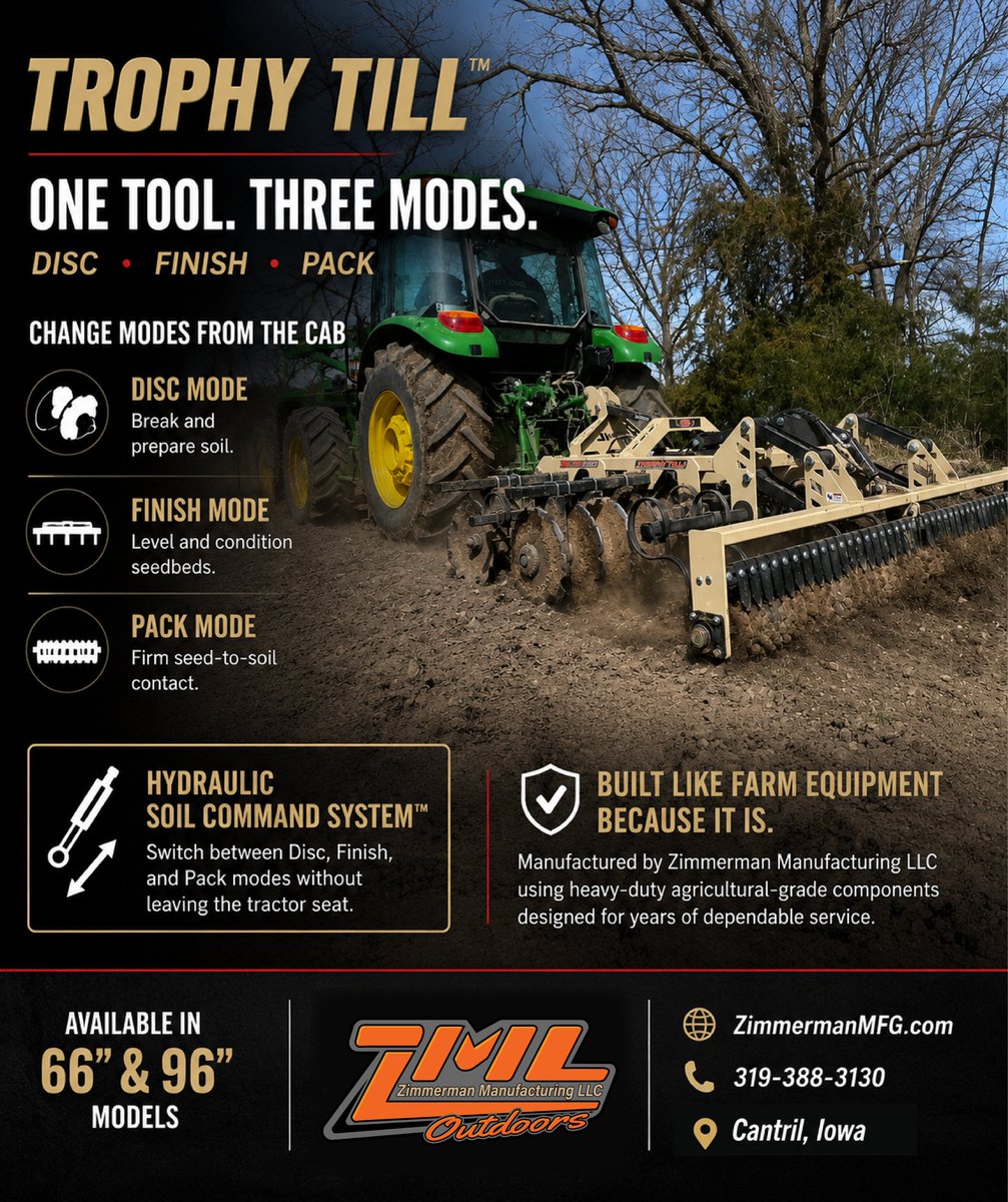 ZimmermanMfgLLC's tweet photo. Food plots shouldn't require a shed full of equipment.

Switch modes from the cab. Spend less time changing equipment and more time improving your property.

Built in Iowa. Built to last.

📞 319-388-3130
🌐 https://t.co/bfT6e96t4D https://t.co/nsRGogsMZn