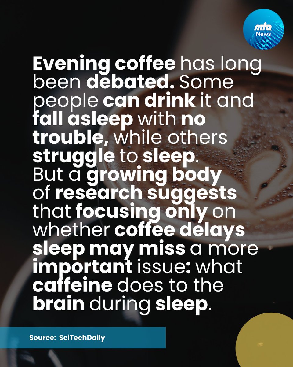 NewsMTA's tweet photo. Have you ever had a late-day espresso, crashed hard at bedtime, slept for a full 8 hours, and still woken up feeling completely exhausted? ☕️💤

You aren't imagining things, and scientists finally know exactly why. 🔬

New neuroscientific research has revealed the hidden way caffeine sabotages our sleep, even if we have no trouble falling asleep. By tracking brain activity using advanced EEGs, researchers discovered that caffeine fundamentally alters the microarchitecture of our deep sleep.

If you want to protect your brain's deep sleep, it might be time to set a strict caffeine curfew. 🛑⏱️