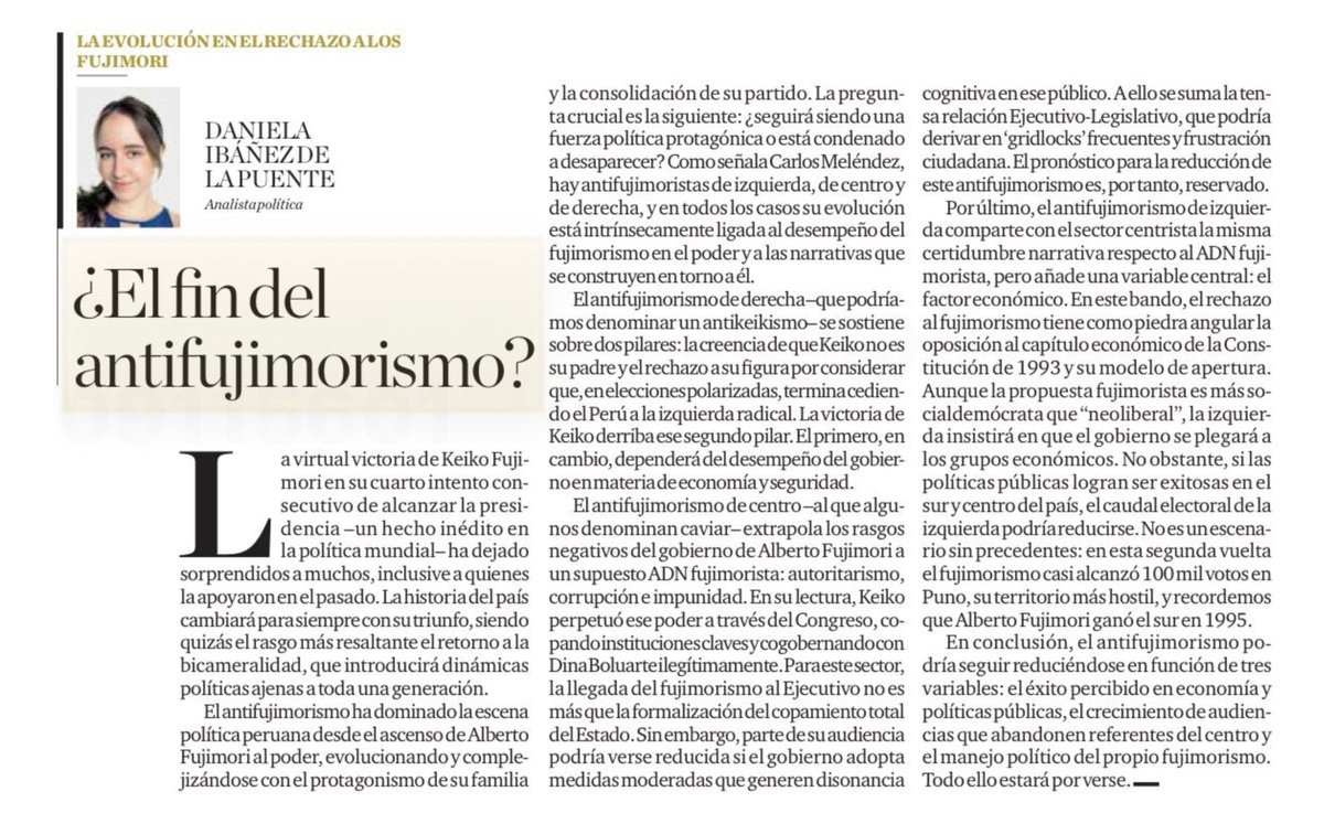 danipolitics's tweet photo. En mi última columna para El Comercio analizo si el antifujimorismo, que ha marcado la política peruana durante más de tres décadas, está entrando en una etapa de transformación o declive. ¿Qué ocurrirá con las distintas corrientes que lo componen con el inminente ascenso de Keiko Fujimori al poder? Una reflexión sobre el futuro de uno de los principales ejes de la política nacional.