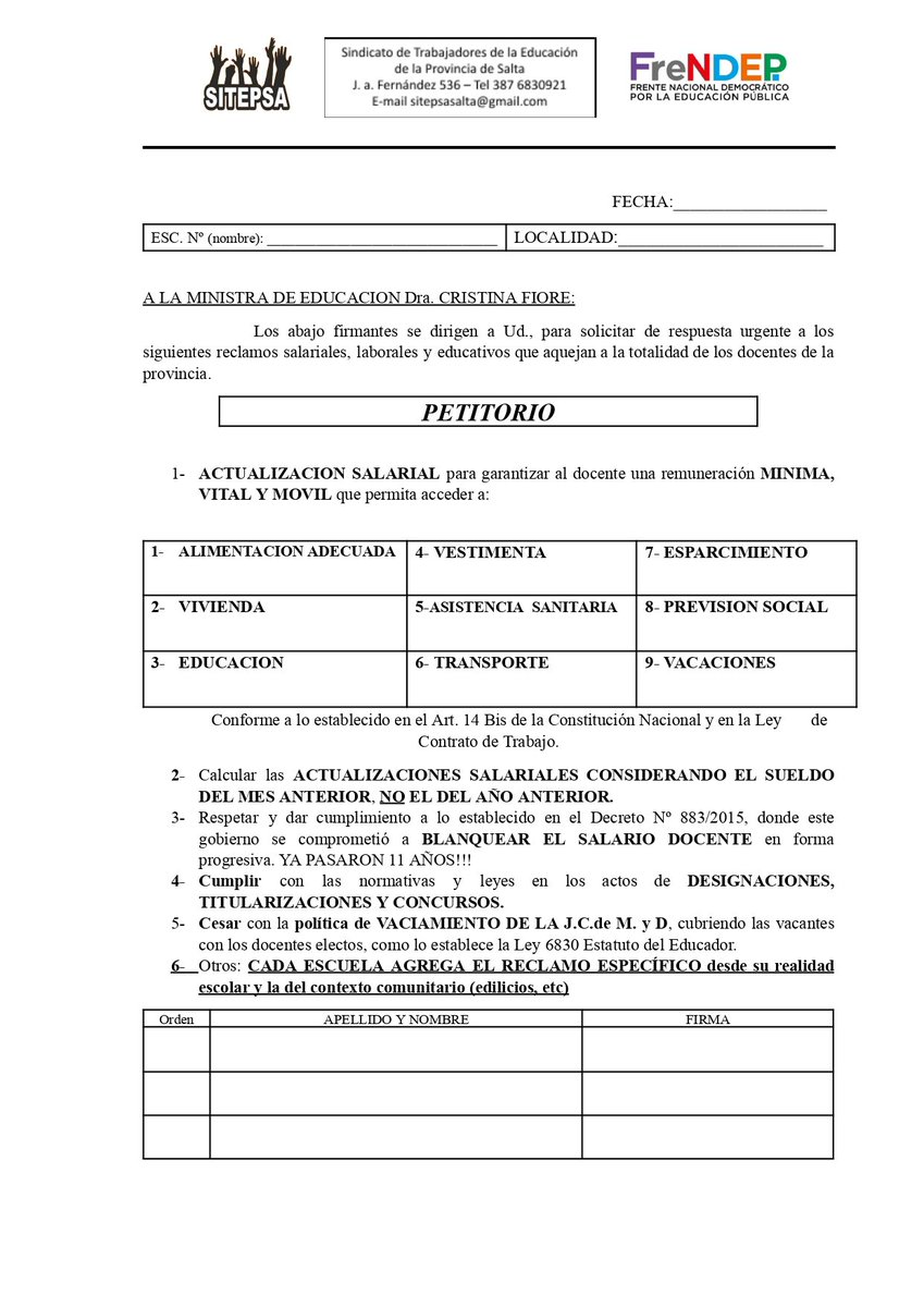 SitepsaS's tweet photo. PETITORIO DOCENTE ✍️
Firmá en tu escuela hasta el 24/06
Enlace: https://t.co/YRz6npqJYe

OPINÁ - PROPONÉ - CONSTRUÍ UNIDAD

NI UN DOCENTE POBRE!!

Info: 387-6830921
SiTEPSa  FreNDEP https://t.co/jCSnEyh8Nl
