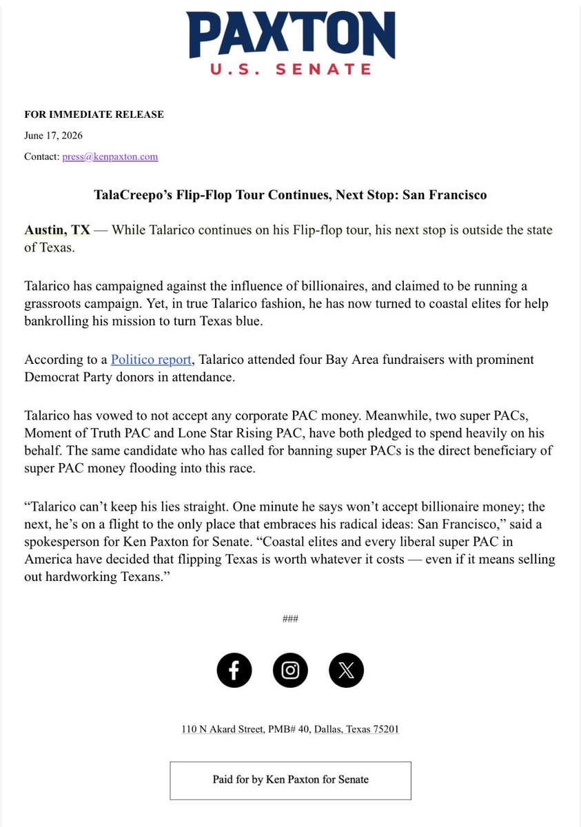 PaxtonsPatriots's tweet photo. Talarico can’t keep his lies straight. One minute he says won’t accept billionaire money; the next, he’s on a flight to the only place that embraces his radical ideas: San Francisco. https://t.co/Wtq5WVSPwF