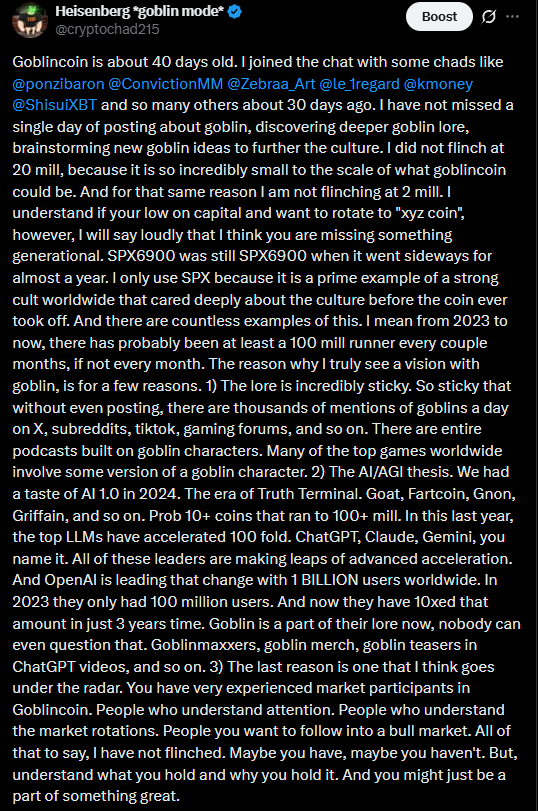 cryptochad215's tweet photo. I have to say GoblinCoin. 
1) It is unique. Never been run on Base, ETH, or any other chain. Now it is a cto being run on Solana in 2026, with OpenAI accelerating. 
2) The people in goblin are experienced and multi-faceted. We have artists, video editors, coders, and so many talented ai people. 
3) "Never talk about goblins" is painted into the history books. When you tell someone not to do something, they will prob want to do it more. I think that is the case here. 
4) Goblin culture goes beyond just AI and Crypto. Goblins have persisted across every social platform across time. Reddit, 4chan, Tiktok, and X.