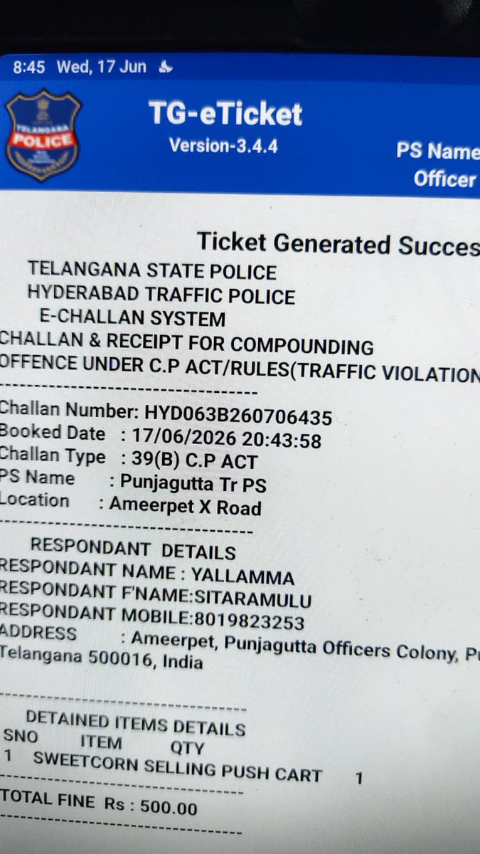 shotr_pgt's tweet photo. @EchoKind83582 @TelanganaCMO @GHMCOnline @HYDTP "Thank you for bringing this to our notice. Our staff, RSI Ganesh, along with the crane team, cleared the encroachment and issued challans against the violators." https://t.co/nZeqZBs4OV