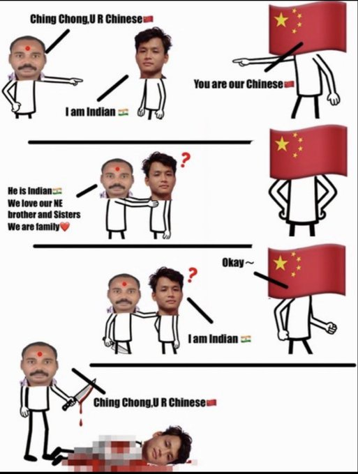 XLB_Psionics's tweet photo. The saddest thing after this IZZAT loss is that Indians will chimp out and take it out on the East Asian Indians like Tibetans, Assam and Nagas because they cant attack actual Chinese people https://t.co/oz3uOmBRMU