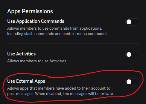 hellioncait's tweet photo. Hi folks! I don't often make posts but like but a little PSA- I got hit by a discord raid today whilst streaming, and the user got around my security by using an app which couldn't be removed by normal means. PLEASE ensure you have this OFF for users in your server settings! :3 https://t.co/XYlrt62ZAH