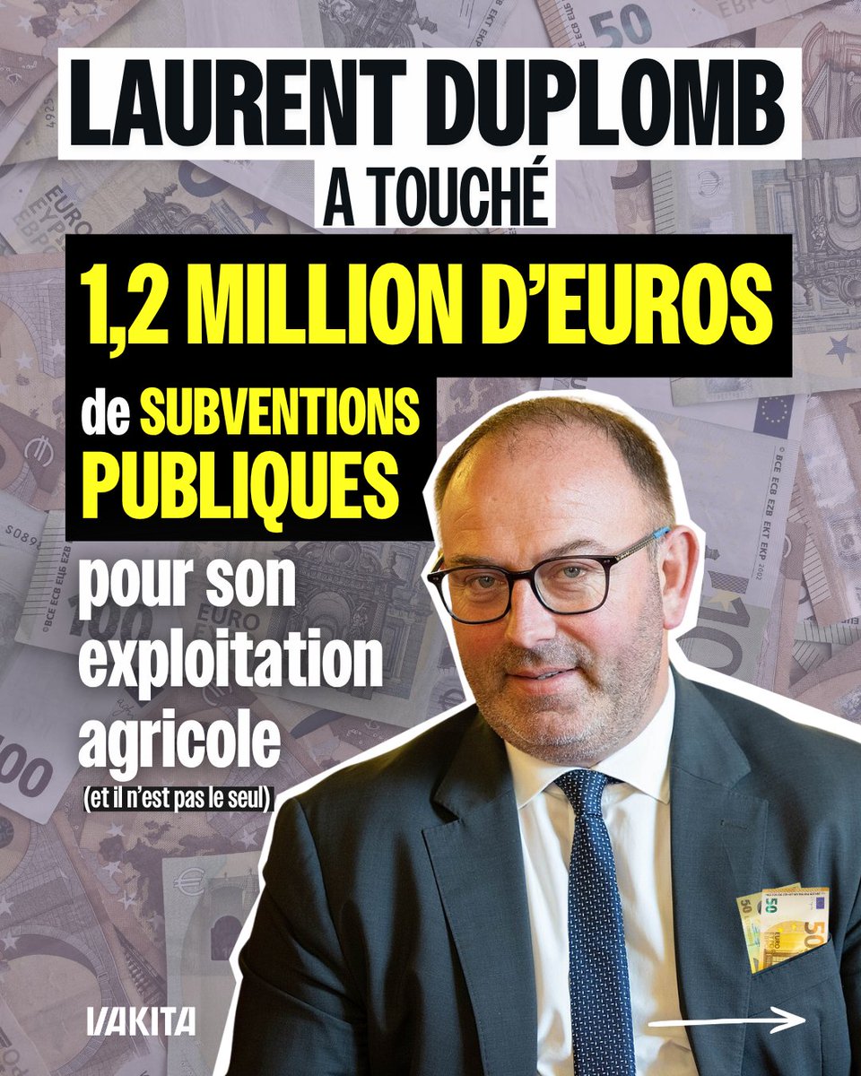 vakitamedia's tweet photo. Laurent Duplomb a touché 1,2 million d'euros de subventions publiques pour son exploitation agricole.

Le journal Le Monde a analysé les subventions publiques versées aux députés, sénateurs et eurodéputés français issus du milieu agricole (liés à des exploitations directement ou par leur famille proche) dans le cadre de la PAC européenne entre 2014 et 2019, puis entre 2019 et 2024.

L’étude révèle que ces derniers sont bien plus aidés que la moyenne de la profession.
Selon Le Monde, la plupart de ces élus se situent parmi les agriculteurs français les plus aidés, c’est-à-dire qu’ils sont liés aux exploitations les plus grandes du pays, puisqu’une grande partie de ces aides dépend directement du nombre d’hectares ou de têtes de bétail d’une exploitation.