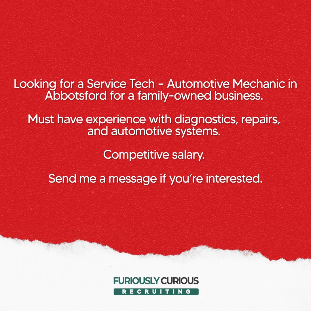 kvanruitenburg's tweet photo. Service Tech – Automotive Mechanic (Abbotsford, BC) 🚨

We're still looking for someone with automotive experience who is reliable, works well with a team, and takes pride in their work.

Interested? Send me a message! 👇

📩 kyle@furiouslycurious.co | 📞 (604) 703-9045

#NowHiring #AutomotiveTechnician #AutomotiveMechanic #ServiceTechnician #MechanicJobs #AutomotiveCareers #SkilledTrades #TradesJobs #HiringNow #AbbotsfordJobs #FraserValleyJobs #BCJobs #AutomotiveIndustry #AutoRepair #DieselMechanic #ShopTechnician #CareerOpportunity #JobOpening #HiringInBC