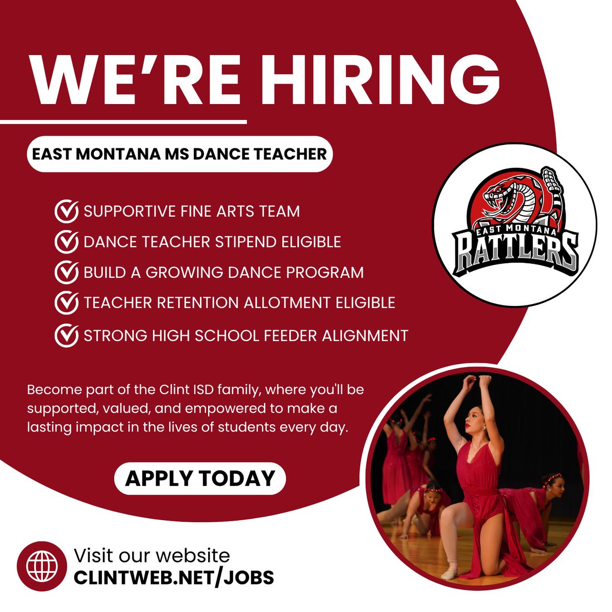 ClintISD's tweet photo. 🚨 Now Hiring: East Montana MS Dance Teacher! 🚨

Bring your creativity, energy, and passion for dance to Clint ISD and help students shine on and off the stage. East Montana MS is seeking a full time Dance Teacher to inspire creativity, confidence, and excellence.

Join the Rattler family and apply today! 💃
https://t.co/LI6RceZYki

#WeAreClintISD
#TogetherWeBuildTomorrow