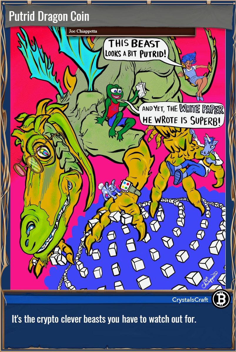 joeychips's tweet photo. PUTRIDDRAGON
7⃣My 7th #NFT (June 26, 2018) on @CounterpartyXCP
🧻Early #comic #satire of how most crypto whitepapers--despite their well-written format--are actually repulsive beasts in real life. The art is also a visualization of what a #blockchain is.
🎁2 editions discoverable in my new Chiappetta CryptoComic Pack drop @ORBital_market
#CrystalsCraft #comics #bitcoinculture