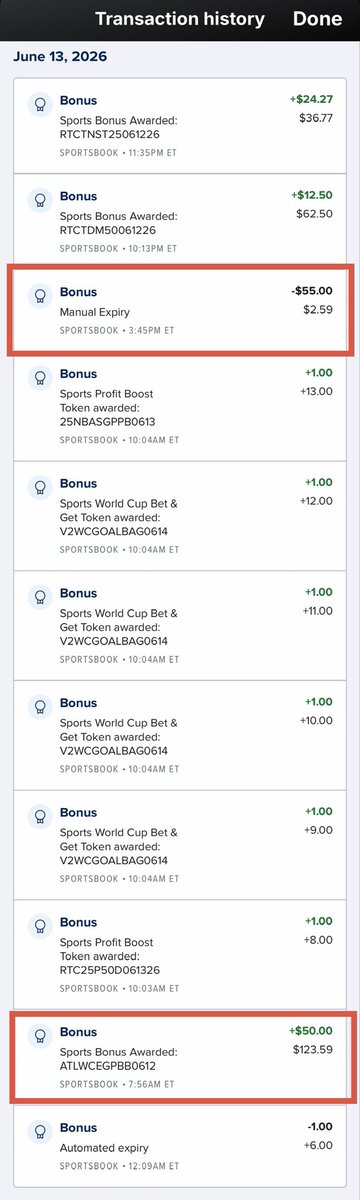 InDaZone's tweet photo. @FanDuel_Support I’ve contacted support twice and no one seems to care. I used the bet and get promo for the USA match on June 12th. The bonus bet I received (and more) was “manually” removed the next day with no notification/reason. See image👇 https://t.co/h8SYR0FoMU