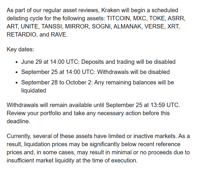 NorthSentinelIs's tweet photo. Kraken is delisting some tokens, just a heads up. #Kraken #crypto #cryptocurrency #TITCOIN #MXC #TOKE #ASRR #ART #UNITE #TANSSI #MIRROR #SOGNI #ALMANAK #VERSE #XRT #RETARDIO & #RAVE https://t.co/HuxwDcN3z9