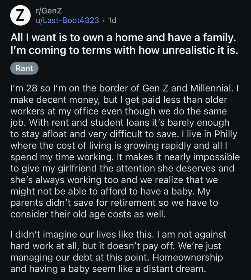 mhp_guy's tweet photo. This narrative is so false.

I got married in 2008 and bought my first house in 2009. As a college student waiting tables.

Inflation and wage growth are both up 55-60% since then. I could do that same thing today where I lived back then.

Home values are up 115%, but rural homes are still cheap and accessible to most.

There are MANY homes within an hour of Dallas for under $200k.

Remote work is more common than ever. We also have way more opportunities and access to money than ever.

People need to come to grips that if they want to own a home, they might not be able to live as close to the city as they might prefer.

Which SHOULD be ok since so many work remotely!

The biggest thing that's changed in recent decades is the NARRATIVE that gen Z and millennials are doomed.

If you're convinced that you don't have enough opportunities to get ahead, you'll be right.

Confirmation bias rules our lives. But you can CHOOSE what to be biased towards.