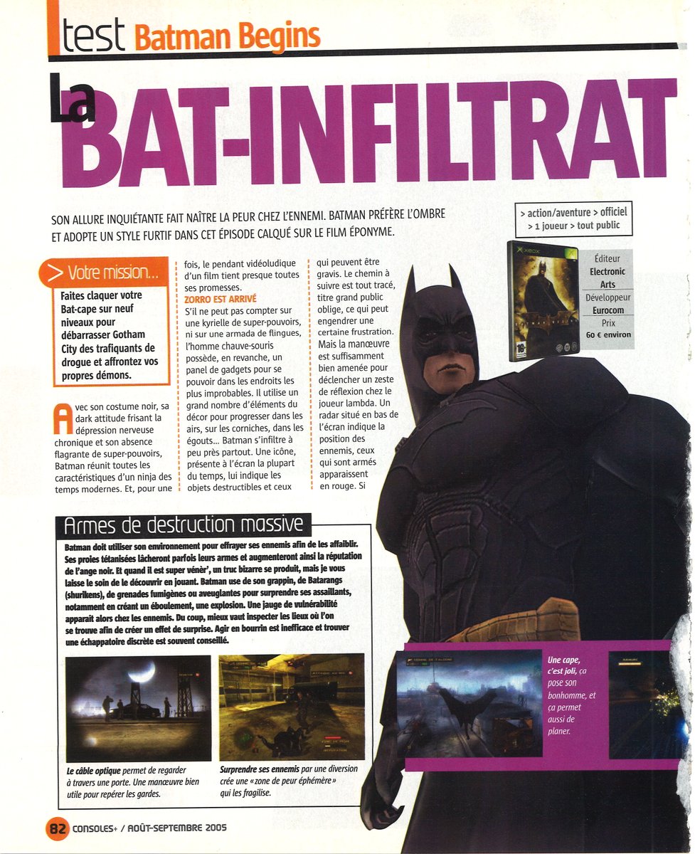 AllmightoFranky's tweet photo. Il y a 21 ans en juin 2005 sortait #BatmanBegins adaptation du film du même nom sur #Playstation2!J'ai retrouvé un seul test dans #ConsolesPlus avec la note de 14/20!Un jeu sympa mais anecdotique et passé assez inaperçu! #80s #90s #retro #retrogaming https://t.co/HBbwF5Pjxb