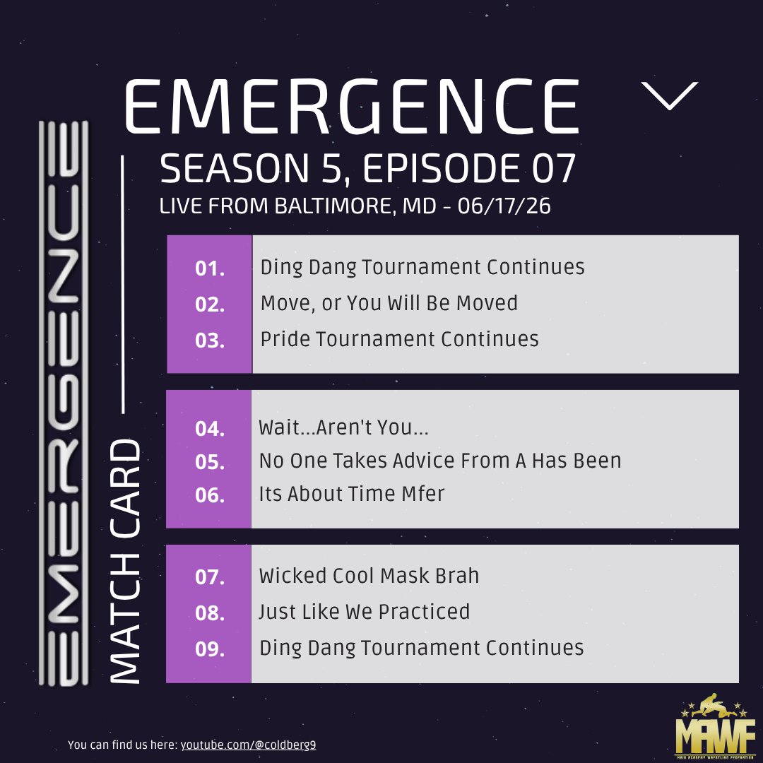 LoudMAWF's tweet photo. Hi Hi👋🏾 This evening's #MAWFEmergence S5:E7 show is LIVE from Baltimore, MD! Your match card is below.

I hope you've been keeping up with the tournaments...if you haven't, shame on you! Be there tonight👉🏾 https://t.co/QrKbwluZ0e #WWE2K26 #Baldimore #MAWF #Wrestling https://t.co/1mwjtdlzhf