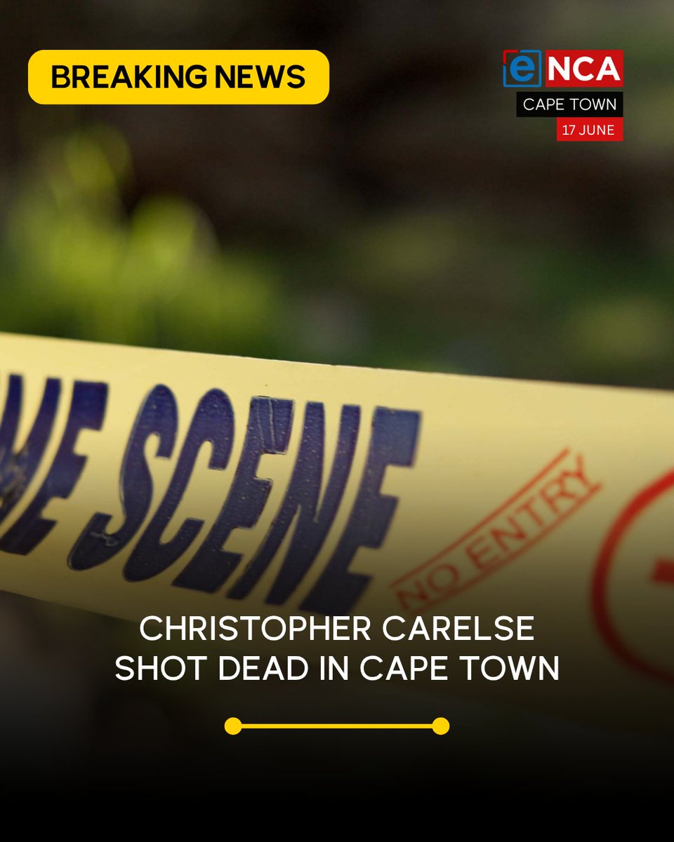 eNCA's tweet photo. [BREAKING] Christopher Carelse, co-accused in the drug trafficking case involving former banker Raed Cupido, shot dead in Cape Town. Tune in to #eNCA for updates, channel #DStv403 https://t.co/G7hVcnLtpf