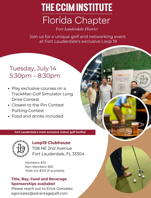 advantagepafl's tweet photo. ⛳ Join us for an evening of golf, networking, and great connections!

📅 July 14, 2026
🕠 5:30 PM – 8:30 PM
📍 Loop19 Clubhouse, Fort Lauderdale

🏌️ Contests • 🍴 Food &amp; Drinks • 🤝 Networking

Register: https://t.co/4xVLQO2dzB

#CCIM #Networking #GolfNetworking https://t.co/i99iudgP2y