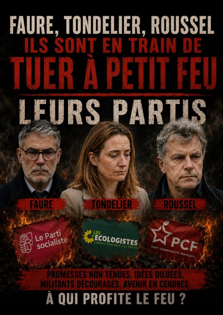 Jeffrey0092333's tweet photo. Faure, Tondelier, Roussel sont entrain de tuer leurs partis à petit 🔥
👉 Perte de militants et purge des opposants 
👉 Absence de projet clair et de programme politique crédible pour 2027
👉 Trahisons,divisions internes, sympathisants déboussolés
👉 Un fiasco #Présidentielle2027 https://t.co/dXSCxIj4nf