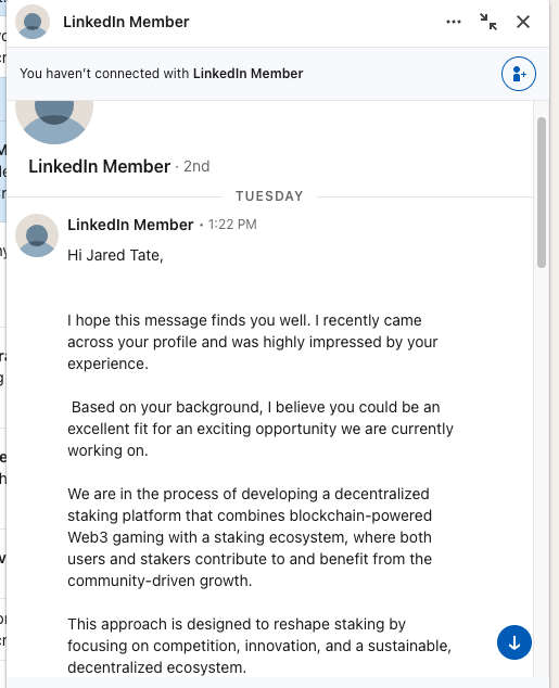 jaredctate's tweet photo. Fun story: North Korean hackers just tried to steal my crypto & hack my PC with a fake LinkedIn job interview. @780thC @DC3Forensics  @FBI @NSACyber  @CISAgov @US_CYBERCOM 

The North Koreans are using @vercel @Google @github & @cursor_ai  to scam developers through fake @LinkedIn recruiters.

The sophistication was genuinely impressive, right up until a bald dude who barely spoke English showed up on screen to "interview" me for a consulting gig and tried to get me to run a sketchy gambling app.

If you're in crypto, AI or Tech: BEWARE fake recruiters and "take-home" coding tasks on LinkedIn. Here's exactly how it played out.

1) A good-looking blonde "British woman" based in London messaged me on LinkedIn. Perfect English, clean grammar, legit-looking profile. Recruiting for a new role / part-time consulting gig.

2) She set up a Google Meet to discuss more, very professional & clean grammar/ english.

3) I get on the call and… it's not the blonde recruiter. It's a bald Chinese looking dude who could barely speak English, complaining about a "bad internet connection," who immediately turned his camera off, looked nervous.

4) He sends over a Figma mockup of a blockchain gaming app they supposedly want to build. Looks like a real product spec. Gambling of course. Sports betting, roulette a combination of "Crypto staking" & "gaming"... much innovation... such wow. (Figma link only opened in isolated brave browser)

5) Everything was believable — until the questions got weird. "What wallets do you use?" "What AI code editor do you use?" 🚩 I respond, I don't use web wallets in a browser, they have a giant attack surface. I asked: "is your app in web browser connected to a web wallet?" ... I hear a groan and stutter.

6) Then he asks: clone this GitHub repo, run `npm install`, and open it in Cursor. He was oddly insistent about the editor. At first glance the code looked like a simple JS app. I said I don't have cursor. He said install Cursor, I said no.

7) I cloned & ran it in an isolated vscode terminal, which he insisted I do on screen, I ran for a second, it loaded in an isolated brave browser within seconds my gut screamed something was wrong & I Killed it. 

8) I told them it would not run (isolated brave browser, their code would not run) "Oh, the code won't run on your end? Just open this link where our web app is " I decided to play along knowing damn well it was a scam at this point it in an isolated browser.

9) A slick app loads with a roulette wheel— hosted on Vercel — with a big "Connect Wallet" button. I click it. A fake MetaMask window pops up.

10) He says: "just connect MetaMask, use your password" Sure, buddy. I type in the password: **FuckYou**... as I hear Korean in the the background.

12) He suddenly has to "jump on another call." Hangs up. Deletes the LinkedIn profile within minutes. Poof. Gone.

12)  So I tore the code apart. It was 100% malware — purpose-built to steal crypto and credentials.

—

What the code actually did:

Buried in one file (`server/routes/api/auth.js`), hidden off-screen behind a wall of whitespace, was an obfuscated payload rigged to auto-run the moment you `npm install`. It:

• fingerprinted my machine and possiblely shipped my entire environment to a North Korean command-and-control server,
• then possibly ran whatever code that server sent back via `eval()` — full remote code execution, the hook used to drop a crypto-wallet stealer,
• and re-checked in every 5 seconds.

The code even auto-executed via an npm "prepare" hook — so just installing dependencies fires it. No "run" required.

This is apparently a known DPRK campaign researchers call "Contagious Interview" (aka Famous Chollima). The fake recruiter, the Figma, the "use this editor," the take-home repo — it's a script, and they run it on developers (especially in crypto) at scale.

I did not lose any crypto, as I have said for years storing crypto in a web wallet is a recipe for disaster and I refuse to do it, MetaMask should never be used.

After multiple forensic audits, I do not see any evidence anything was retrieved from my machine, but none the less I am still changing every credential located on this computer. Then wiping it. Fortunately I did not have much of anything on this pc anyways.

—

What gave it away:
• Recruiter on camera ≠ recruiter who messaged me
• Camera "broken," English fell apart on the call
• Sudden, specific wallet + editor questions
• Pressure to clone/run code and "just connect your wallet"
• The profile vanishing the second I didn't bite

Lessons:
• A "coding interview" that needs you to run their repo on your machine is malware until proven otherwise.

• Never `npm install` untrusted code on a machine that holds anything valuable. Use a throwaway VM.

• Keep serious crypto in cold storage / hardware — a hot wallet in your browser on your daily driver is a target.

• If a recruiter's story doesn't survive a single video call in first 30 seconds, walk.

- Never do an interview on a computer that holds crypto or any sensitive data.

I now have a full forensic report; the malware, the deobfuscated payload, the C2 server IP, the whole metadata trail and it's going to the FBI.

Stay paranoid out there. 🫡

And Fuck You Lazarus, you North Korean Pricks!