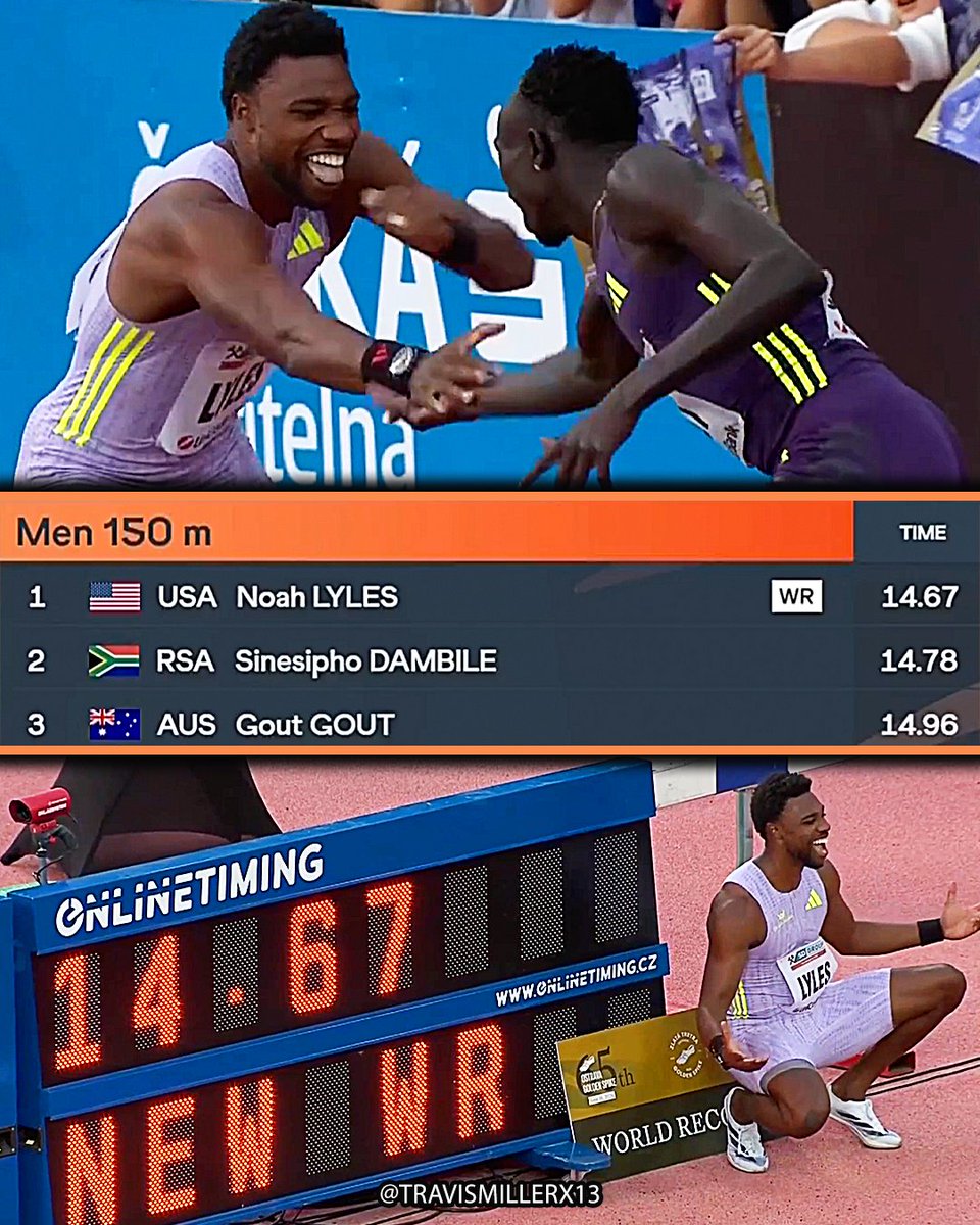 travismillerx13's tweet photo. 🇺🇸Noah Lyles celebrating with 🇦🇺Gout Gout after breaking the 150m world record 🤝 https://t.co/PkDu8Zx1qS
