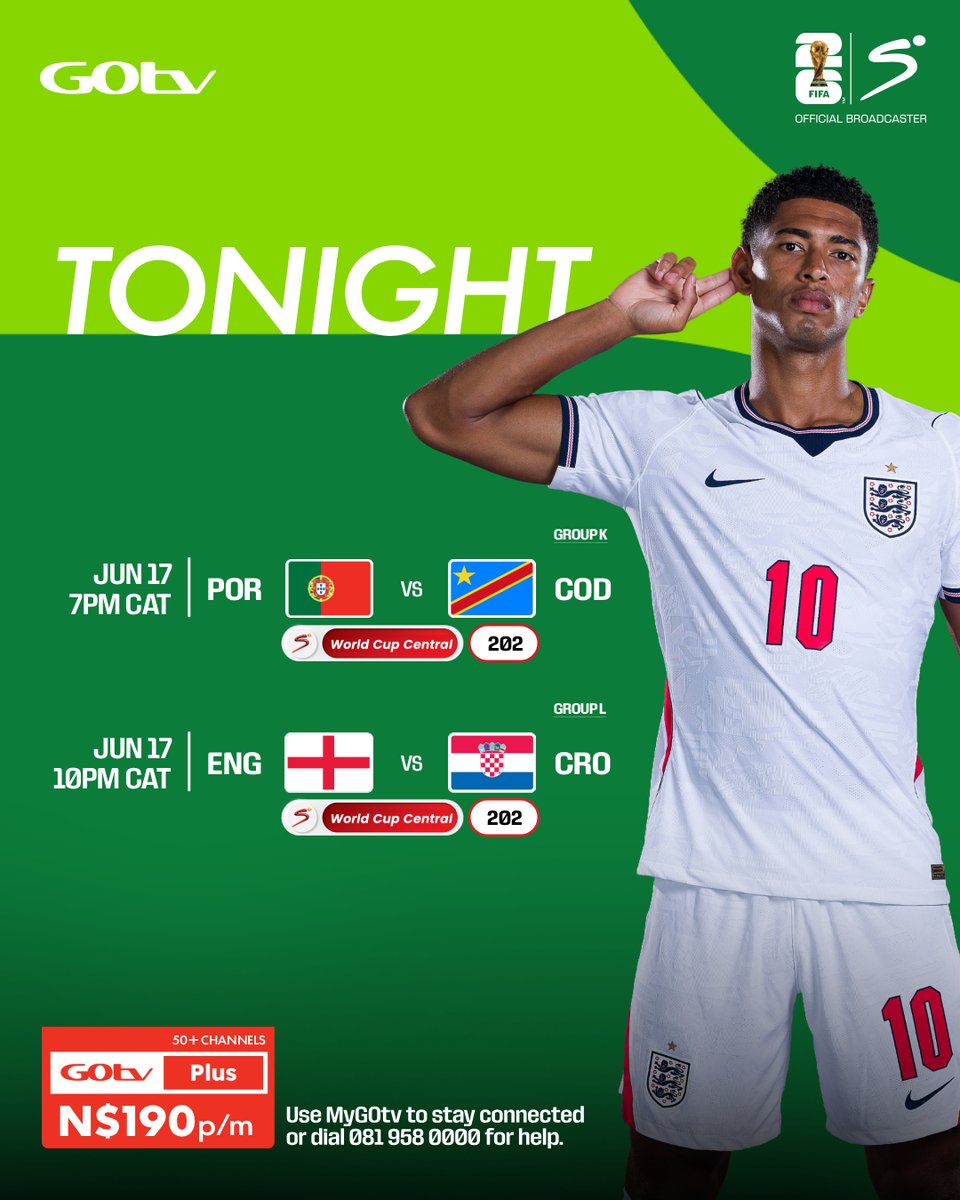 GOtvNamibia's tweet photo. 🤩 They have arrived!

These #FIFAWorldCup2026 games promise 💥action! 🏆⚽

7PM • 🇵🇹 PORTUGAL 🆚 DR CONGO 🇨🇩
10PM • 🏴󠁧󠁢󠁥󠁮󠁧󠁿 ENGLAND 🆚 CROATIA 🇭🇷

Watch LIVE on SS World Cup Central (ch 58 📺) 👉🏼👉🏿👉 https://t.co/7EfWD36Qmy 💻📱

#EverythingCanWait #GOtvFIFAWorldCup2026
#SuperSport https://t.co/ebh6gIBeQA