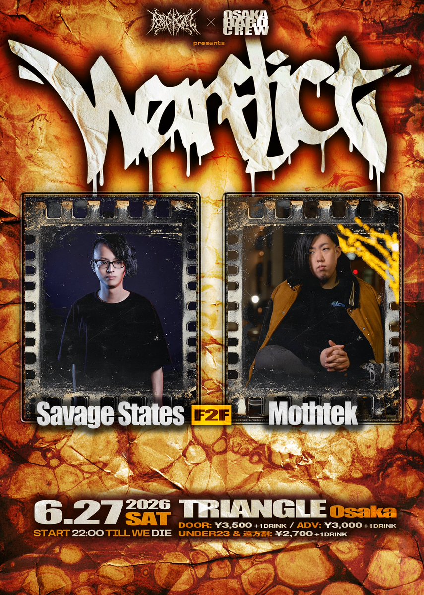 midiwar's tweet photo. 【6/27 WARFLICT 出演者紹介】
Savage States F2F Mothtek

The underground is calling as Hardtek and TEKNO royalty collide for an unforgettable F2F ritual!

Savage States and Mothtek are joining forces to unleash a relentless wave of pounding kicks and hypnotic basslines.
They are bringing this high-speed, mental energy straight to the legendary stage of Bolter Festival

Prepare for a mind-bending, dust-kicking journey that will push the dancefloor to its absolute limits

Don't just witness the madness—become a part of the tribe!

⚔️Savage States

Drum’n’bassサウンド、Psychedelicサウンドを組み込んだ独自のスタイルのHardtekを作り出す。
イギリスで開催されたBoomtown Fair 2019、Balter Festival 2018、2019、2022、2024、2025に出演、オランダ、フィンランドなどワールドワイドに活動中。

⚔️Mothtek

2019年より音楽キャリアをスタート。
Hardtek / FrenchcoreにBreakcore, Happy Hardcore, Reggaeなどを織り交ぜた独自のスタイルと幼少期からのクラシックピアノの経験を生かした厳格なメロディを組み合わせた個性的な楽曲を制作している。

2026年1月にはUKの名門Hardtek/JungletekレーベルであるAmen4Tekno Records(UK)より楽曲のリリースを果たし、その後も立て続けに同レーベルよりシングルをリリースし続けている。

またDJとしても活動しており、自身の楽曲に加えてJungleやDrum&Bassのエッセンスを加えたバラエティ豊富なプレースタイルが特徴的である。

2025年にはUKにて開催されたBalter FestivalにJapan Crewのメンバーとして出演。
現地のRaverたちの心を鷲掴みにし、彼らを限界まで踊らせた。

他にもUKの伝説的Happy Hardcoreレーベル、BonkersのPodcastへのMix提供、E-Coli, T-Menace, Nectaxらの日本公演のサポートなど幅広くアクトを行っている。

2026/06/27
RADICAL x OSAKA HARD CREW Presents
"WARFRICT"

Date: 22:00 - Till We Die
Venue: @triangleosaka 

Door: 3500yen + 1drink
Adv: 3000yen + 1drink
Under23 & 遠方割: 2700yen + 1drink