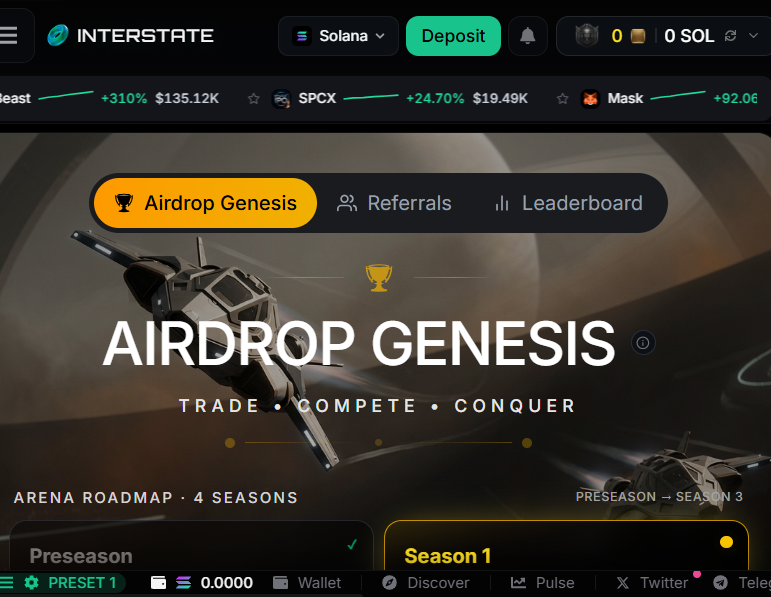 Trinitydegreat's tweet photo. 🚀 The Interstate Airdrop Genesis is LIVE! Trade, climb ranks, complete quests &amp; earn credits 💎 Every move in the arena gets you closer to rewards 🏆
Don’t just watch—trade &amp; win. 👉 Join the arena now: https://t.co/iEOmbYX1H5

#Interstate #Airdrop #CryptoTrading https://t.co/sk6NpVDIKE